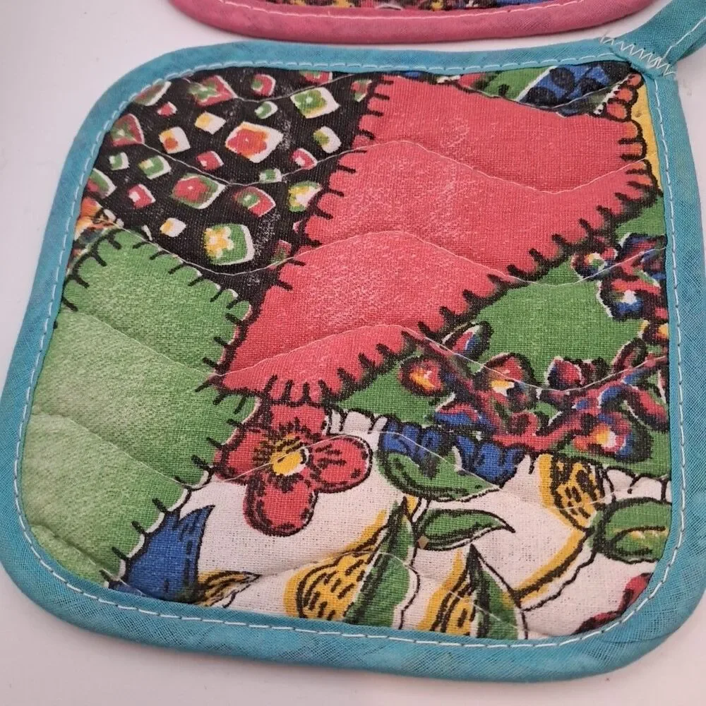 Set Of 4 Quilted Colorful Teal Aqua Pink Pot Holders Advertising Knoxville TN